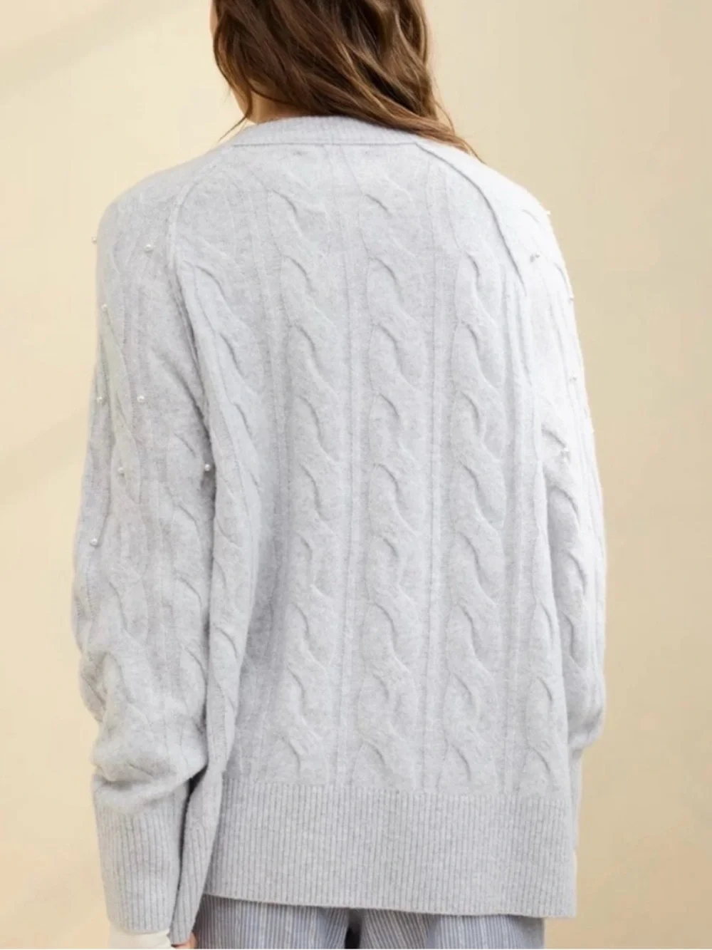 aerie unReal Light Gray Pearl-Embellished Cable Crewneck Sweater - Picture 3 of 12